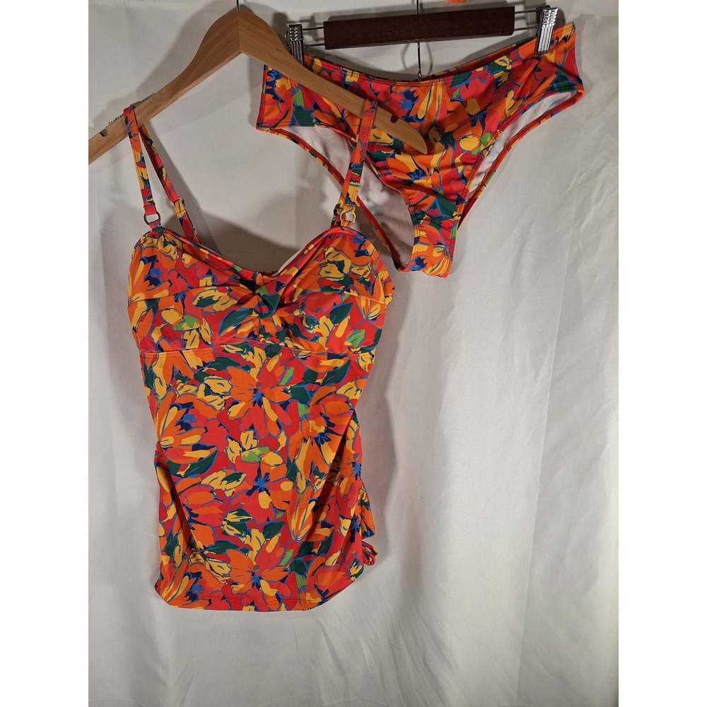 SHEIN Women Orange Floral Tankini Set Twist Front Ruched Swimsuit XL‎ S9144